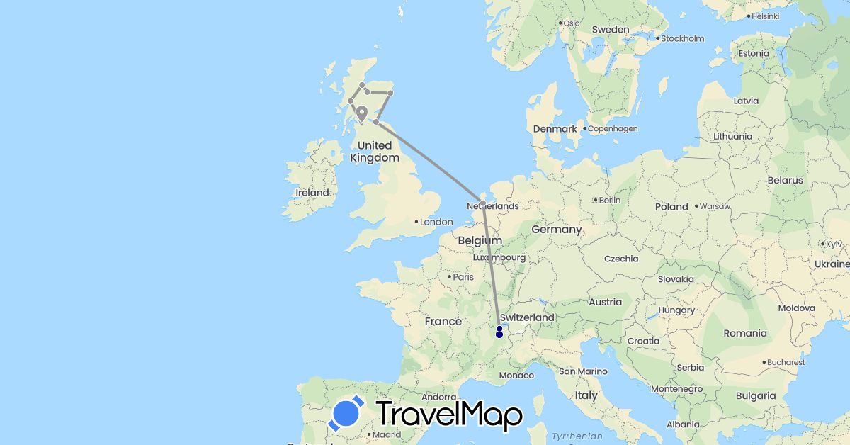 TravelMap itinerary: driving, plane in Switzerland, France, United Kingdom, Netherlands (Europe)